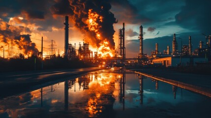 Refinery Fire Reflects in Sunset Puddle