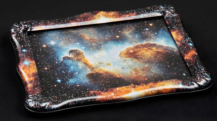 A framed tray depicting the nebula