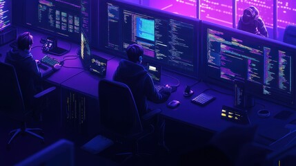 Programmers Working Late in a Cyber Security Office