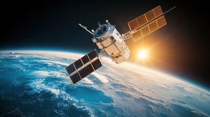 Satellite orbiting Earth during sunrise showcasing solar panels