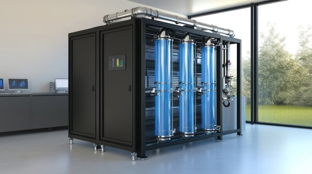 Advanced Technological System with Blue Cylinders in a Modern Room