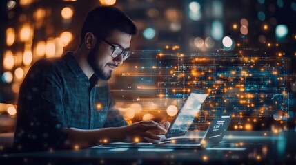Man Coding Late at Night Working on a Laptop