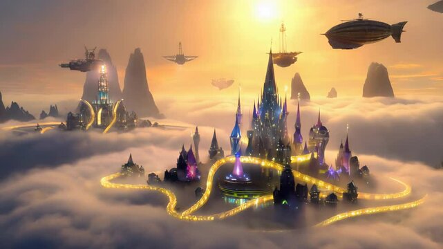 Futuristic floating city in the sky lit by golden sunset over misty clouds. Concept of utopian sci-fi world and advanced civilization