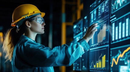 Female Engineer Analyzing Industrial Data Graphs