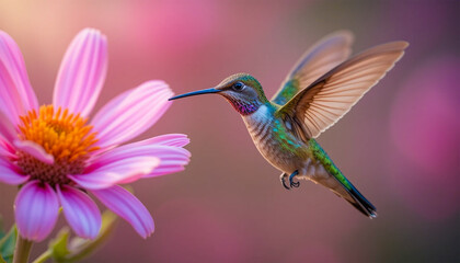 Fototapeta premium Hummingbird Feeding on Pink Cosmos Flower