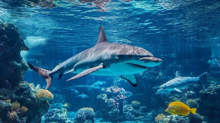 Fototapeta premium Majestic Shark and Marine Life in a Vibrant Underwater Ecosystem