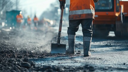 Road worker using a shovel during road construction