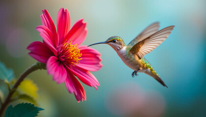 Naklejka premium Hummingbird Feeding on Pink Cosmos Flower