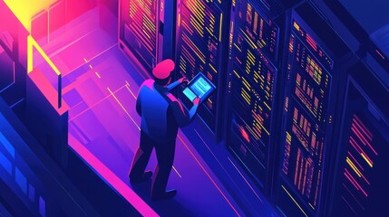 Technician Monitoring Server Room Data Center Activity