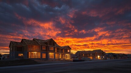 Fiery Sunset Over New Home Construction