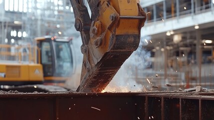 Excavator Cutting Metal Sparks Construction Site