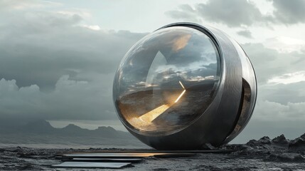 Futuristic metallic sphere structure in desolate landscape