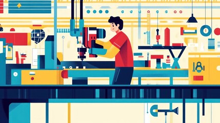 Worker Operating Industrial Machinery in a Factory Setting
