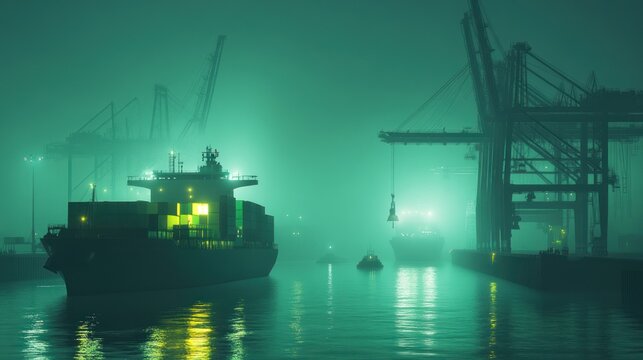 Container Ship Docks at Night in Misty Harbor