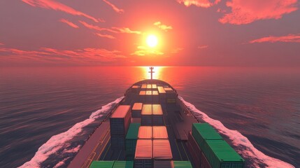 Container Ship Sailing into a Sunset Ocean