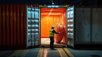 Worker handling cargo inside illuminated shipping container