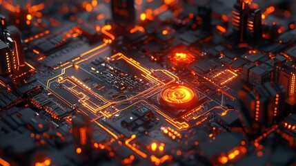 Futuristic Circuit Board Glowing Orange With Central Processor