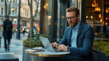 Man works on laptop at outdoor cafe