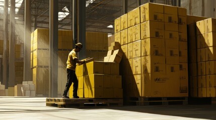 Warehouse Worker Handling Cardboard Boxes in Sunlight