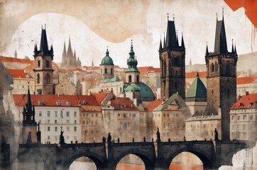 Naklejka premium Historic architecture of Prague captures the essence of Central European charm with its iconic towers and bridges during sunset