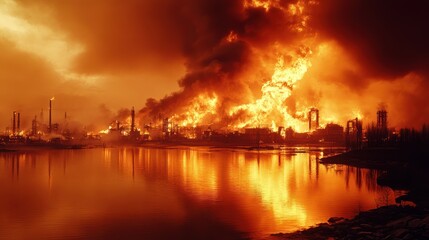Industrial Inferno A Massive Refinery Fire Engulfs the Landscape