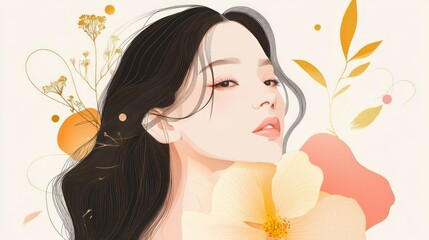 Fototapeta premium Elegant Woman Portrait with Floral Accents: A Digital Illustration