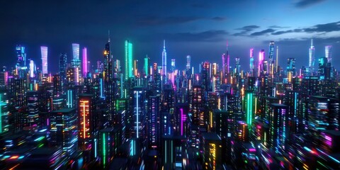 Obraz premium Dynamic nightscape of a futuristic city urban skyline digital art neon lights aerial view technology concept