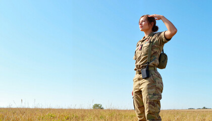 Female soldier saluting in a sunny field, Victory Day, Memorial Day, Independence Day