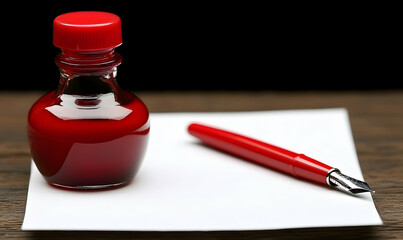 Red ink bottle and fountain pen on white paper, ready for writing; elegant stationery supplies; close-up shot.