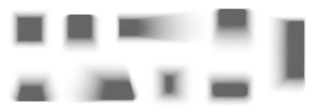 Drop shadows from various shapes, different angles and sizes. Realistic vector shadow isolated. Square and rectangle soft grey shapes. PNG