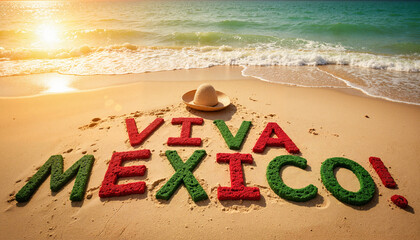 Viva Mexico sand art with sunhat on beach, Cinco de Mayo, Mexican
