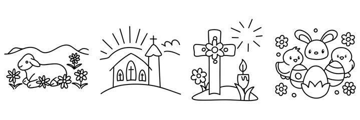 Easter,Colorful Easter illustrations featuring lamb, church, cross, and cheerful bunnies evoke joy and celebration