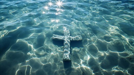 Christian Cross submerged underwater, shimmering in sunlight, a symbol of faith