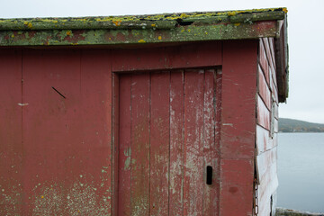 A worn and weathered red wooden fishing shed. There's a single solid door with a black metal handle. The roof is damaged and covered with green moss and lichen. The wall is clapboard wood siding.