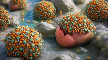 Close-up of viruses on a surface.  Detailed view of viral structures and proteins