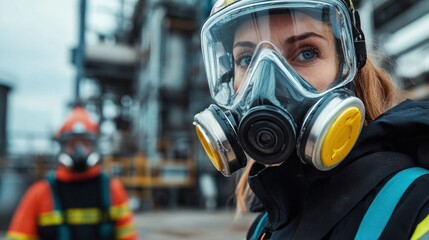 Woman Industrial Worker Wearing Protective Respirator Mask