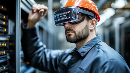 Worker wearing virtual reality headset in industrial setting