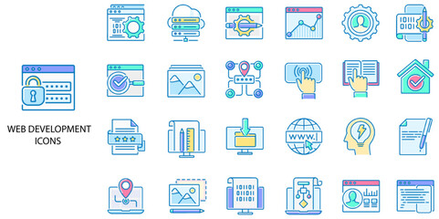 Web Development simple concept 24 color icons set. Contains such web design, analyzing, artificial intelligence, big data .Vector illustration.