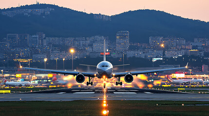 Airplane Landing at Night: Cityscape and Flight in Motion