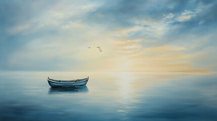 Naklejka premium Serene morning scene of a fishing boat on a calm sea