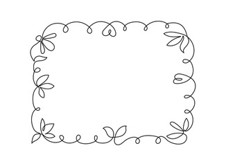 Abstract plant ornament line art. Simple frame, border. Flowers, leaves, hearts, spirals, lines, curls. One line drawing. Banner, place for text. White isolated background.