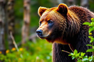 Grizzly Bear with Vibrant, Rich Fur Colors Gracefully Moving Through a Blurred Forest, Capturing Its Majestic Presence, Vibrant Wallpaper