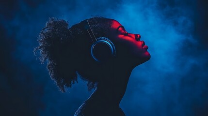 Artistic photography showcase side profile of a person with dark skin, set against a smoky blue background wearing large over-ear headphones, which are black with metallic accents