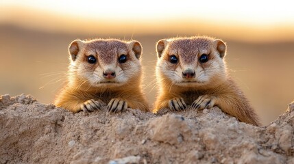 Fototapeta premium This image captures two inquisitive meerkats peeking over a sandy mound, their eyes wide and alert, showcasing their charming expressions in a natural environment with a warm glow.