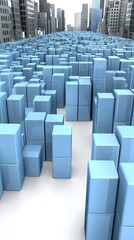Fototapeta premium Abstract city view Light blue blocks form buildings, gray structures fading into the distance