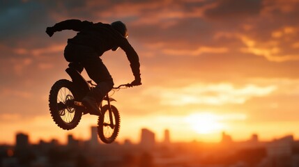 This image portrays a cyclist executing an impressive jump on a bike during sunset, capturing the thrill of adventure amid a dramatic skyline, evoking feelings of freedom and excitement.