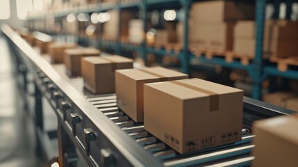 Cardboard boxes moving on a conveyor belt in a modern warehouse