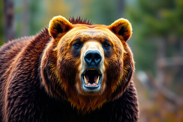 Grizzly Bear with Vibrant, Rich Fur Colors Gracefully Moving Through a Blurred Forest, Capturing Its Majestic Presence, Vibrant Wallpaper