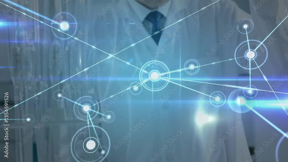 Poster scientist interacting with digital network connections and data processing animation
