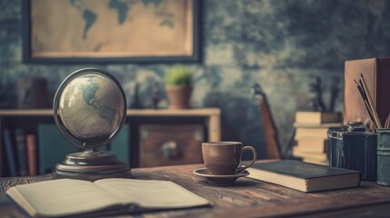 Vintage Study Setting Globe Books Coffee Cup